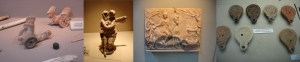 1st century AD, wheeled toys, figures and plaque with horse, probably grave goods, source Ephesus Museum, and Roman oil lamps - source Museo Arqueologico, Seville